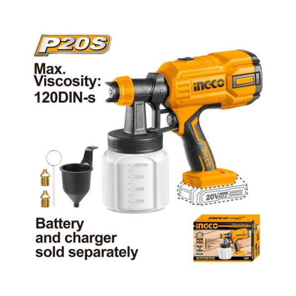 PISTOLA PINTAR INGCO INALAMBRICA 20V 800 ML C/BATERIA Y CARG.