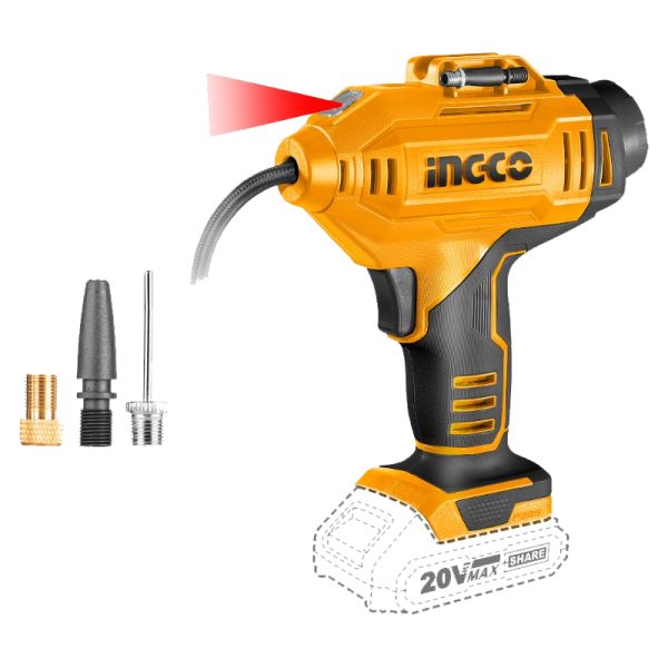 COMPRESOR INFLADOR PISTOLA INGCO P/AUTO 20V S/ BAT. S/ CARG.